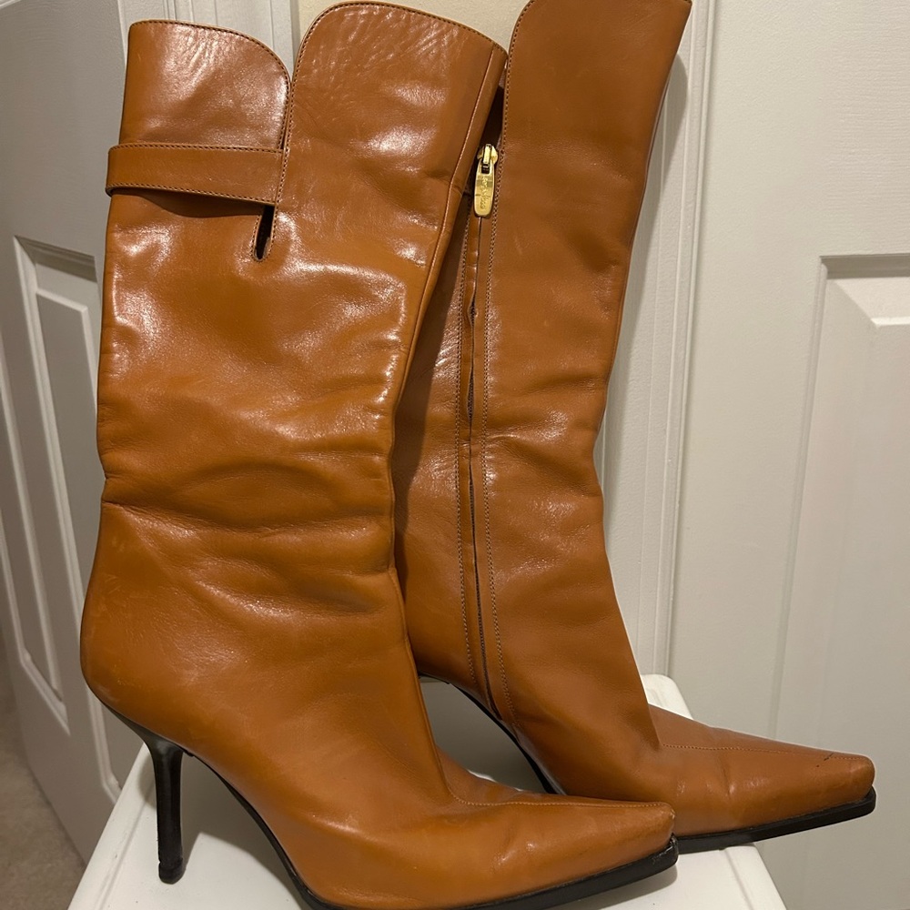 Sergio Rossi Cognac Leather Pointed-Toe Boots